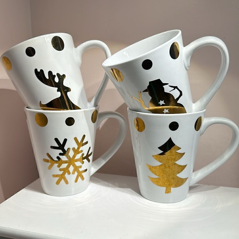 Mug Set of 4 CENTURY Fine China 5" Coffee Tea Winter White Gold